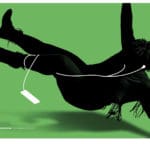 an image of someone dancing with their foot getting caught in a cord advertising JBL wireless headphones