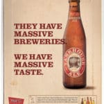 Vinatge-looking advertisement depicting a glass beer bottle with a red Tank House Ale label. To the left is large red text that says "The have massive breweries. We have massive taste".