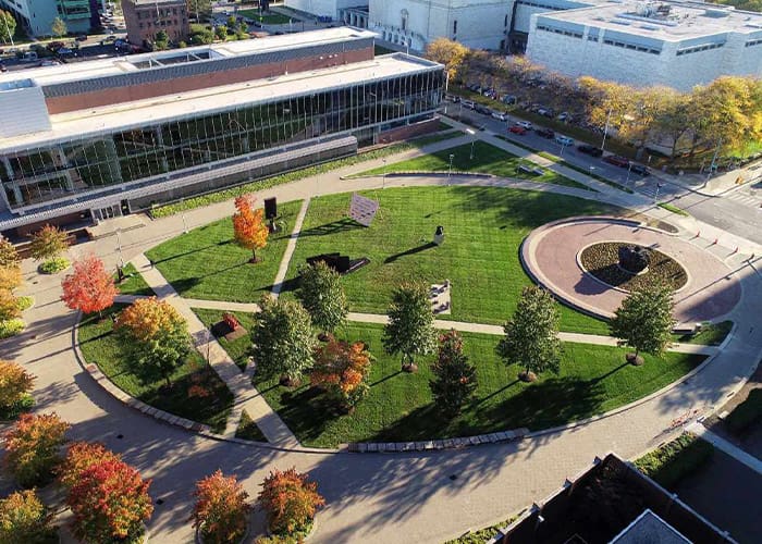 a drone view of the College for Creative Studies campus