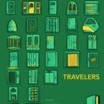Green and yellow book cover depicting various doors. A yellow title reads "Travelers"