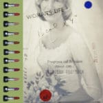 Art by Karen Larson titles Womans. Features a black and white photo of a smiling bride with text superimposed on top. To the left are lipsticks on a green background. left are
