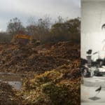 Art by Karen Larson titled Seasons. Features a photo of a giant pile of fallen leaves next to a bulldozer.