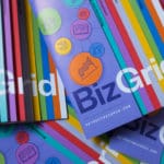 artwork of adjunct faculty Randall Bruder. Multicolored pamphlets for Biz Grid Detroit