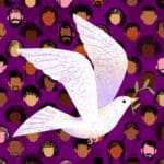 Artwork of Erika LeBarre. Illustration of a white dove in flight with an olive branch in its beak. The background is purple with the faces of people of different ethnicities.