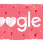 Artwork of Erika LeBarre. Google Doodle where the O's in "Google" have been replaced with hearts, and to the right is an illustration of baby Cupid. The background is pink with red hand-drawn hearts.