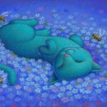 Artwork of Erika LeBarre. Illustration of a blue cat rolling around in a field of blue flowers.