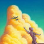 Artwork of Erika LeBarre. Illustration of a young boy flying a toy airplane. In the distance are large yellow clouds against a deep blue sky during a sunset.