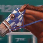 Artwork of Erica LeBarre. Illustration of a brown horse running in a race with a white and blue checkered head covering