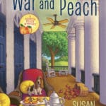 Artwork of Erica LeBarre. Book cover of the novel "War and Peach" depicting a long porch on a sunny day with a beagle sitting on a red deck chair.