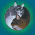 Artwork of Erica LeBarre. Illustration of a grey and orange cat creating a ying and yang symbol on top of a green mandala on a blue background.