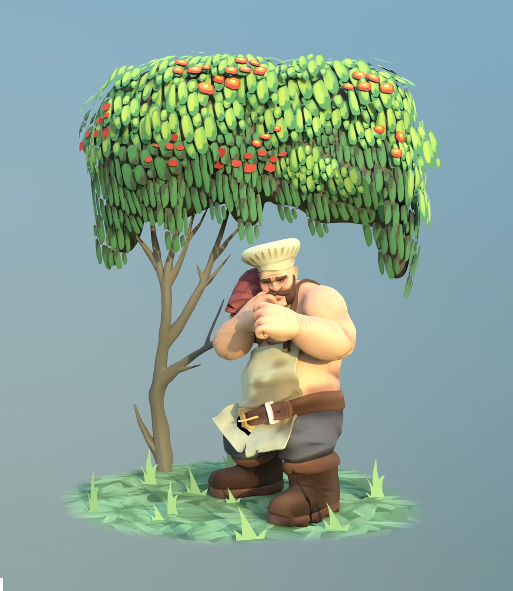 a 3D animated humanoid character standing underneath a tree