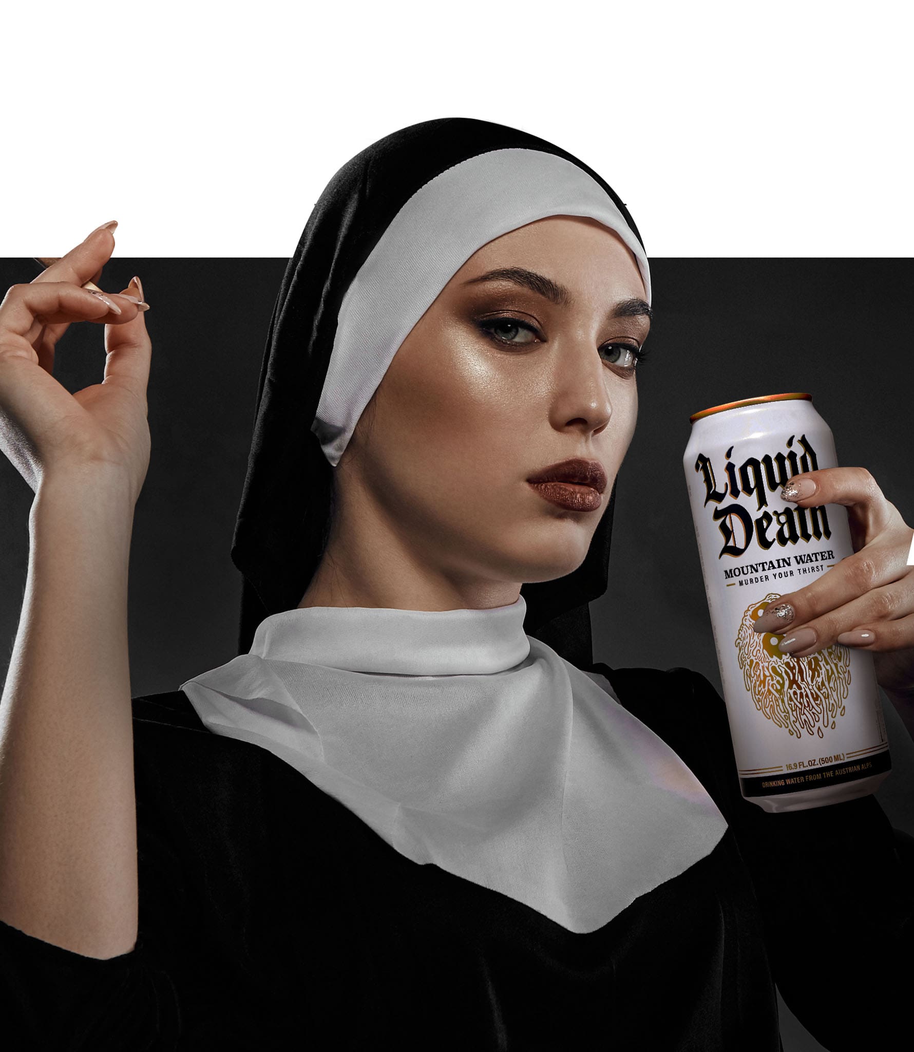 nun drinking liquid death canned water