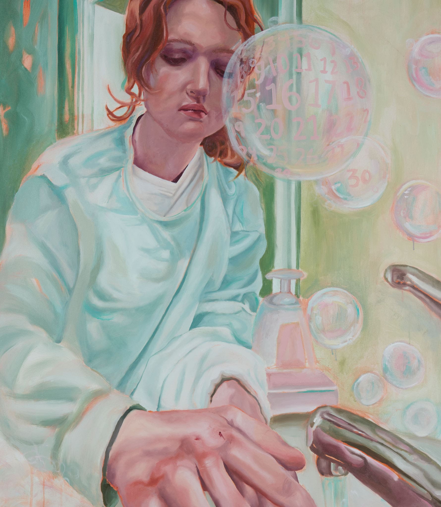 Oil on canvas painting of a woman sitting in a parlor