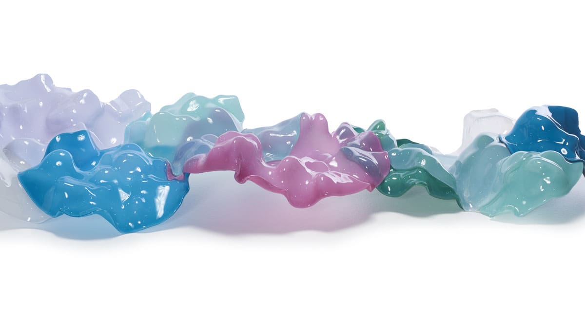 blown and stamped glass sculpture in cool colors