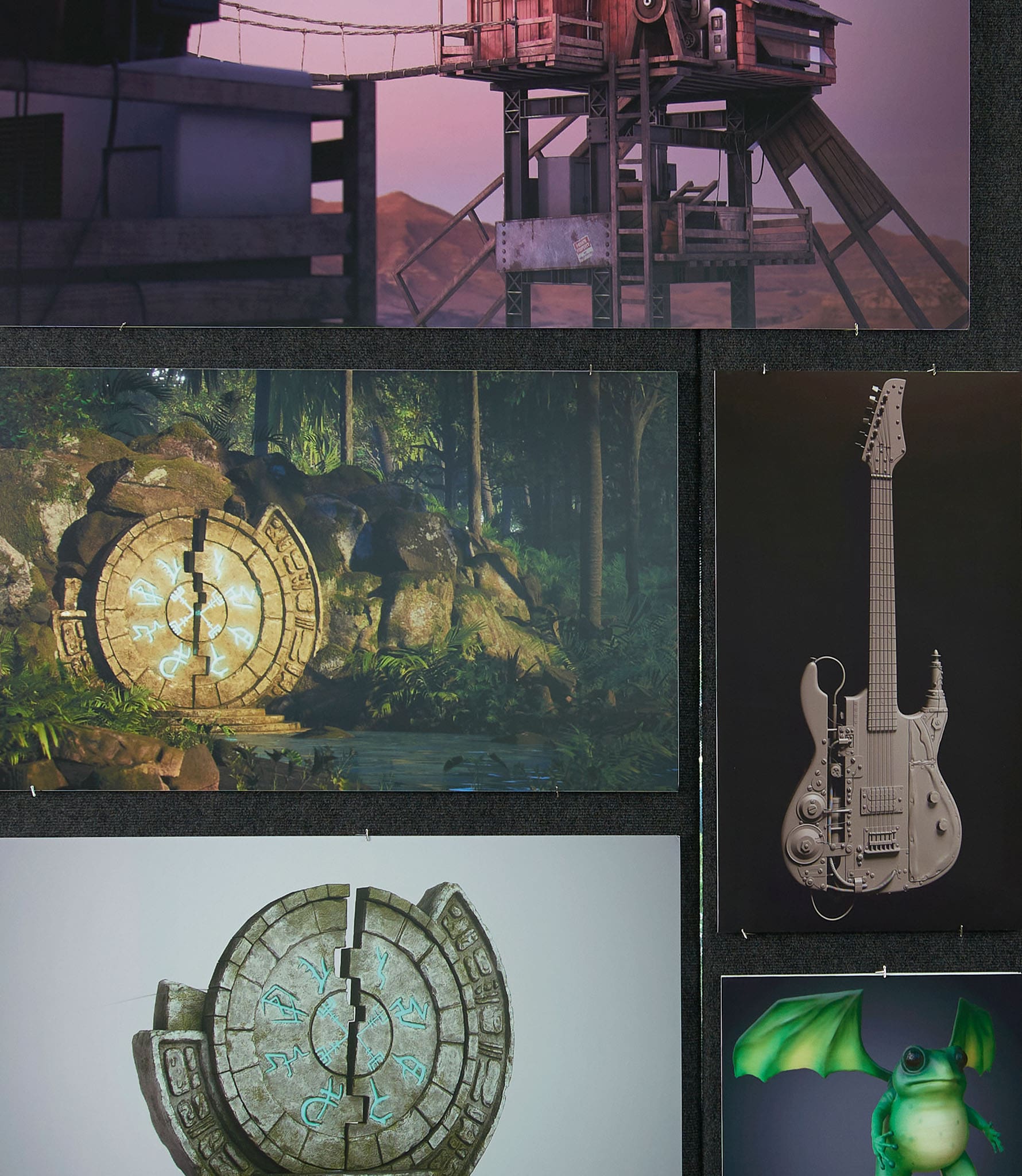 entertainment arts game design showing various views of game elements like a clock and guitar that go in the fictional house
