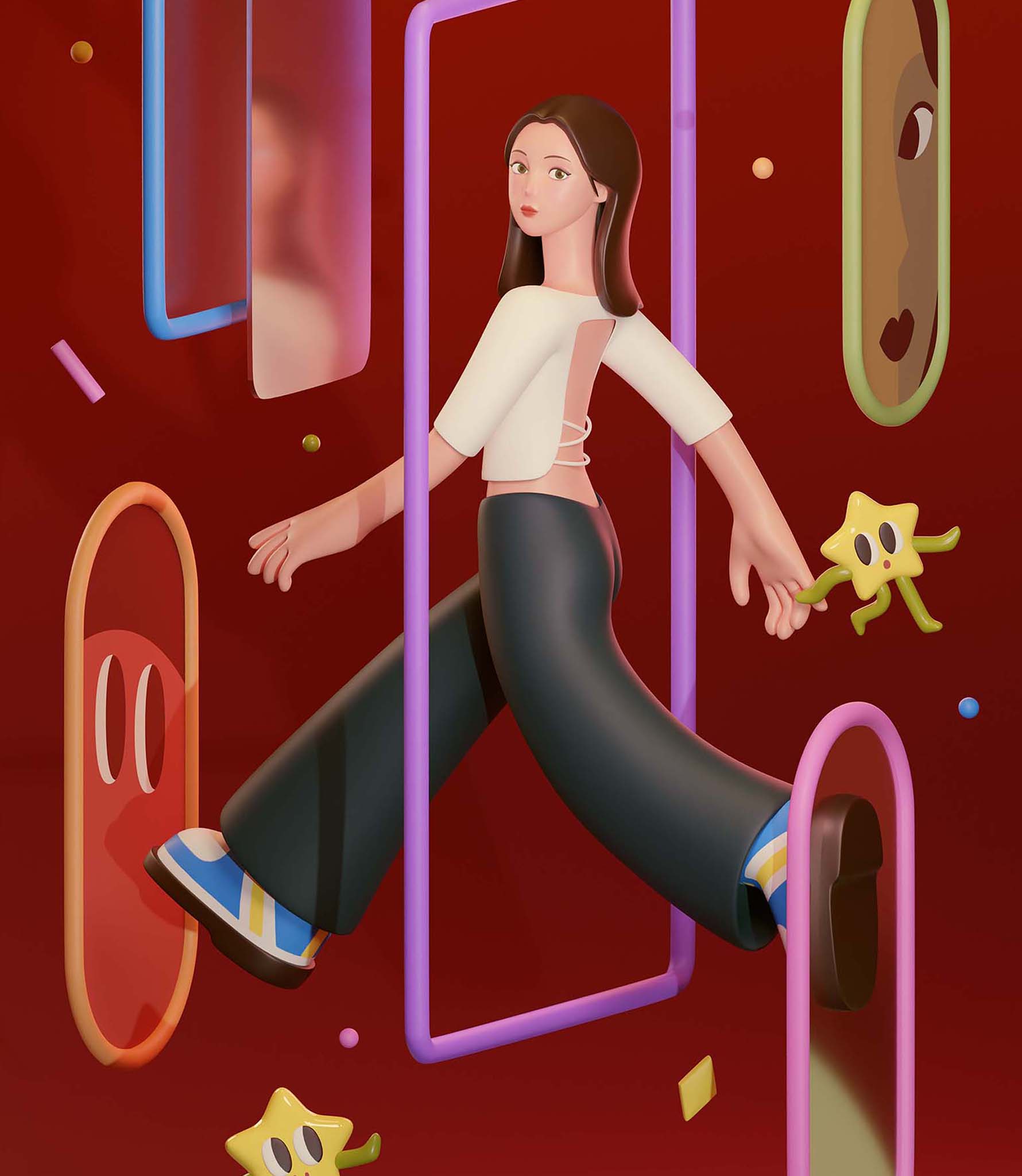 Illustration of A girl in an abstract and surreal background walking through a doorway