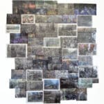 installation, newspaper images printed onto a textile in a mosaic style
