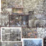 installation, newspaper images printed onto a textile in a mosaic style