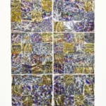 Newspaper images and headlines printed onto a textile in a mosaic style