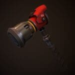 3D render of a futuristic battle hammer with a red barrel and a black handle.