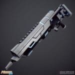 3D render of a black steel futuristic revolver with blue glowing mechanics. Done by EA Adjunct Faculty Adam Serhane.