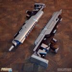 two views of a 3D rendered black steel futuristic revolver with blue glowing mechanics. Placed on a dark mahogany floor. Done by EA Adjunct Faculty Adam Serhane.