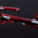Two views of a 3D rendered futuristic bazooka gun with black and red parts. Done by EA Adjunct Faculty Adam Serhane.