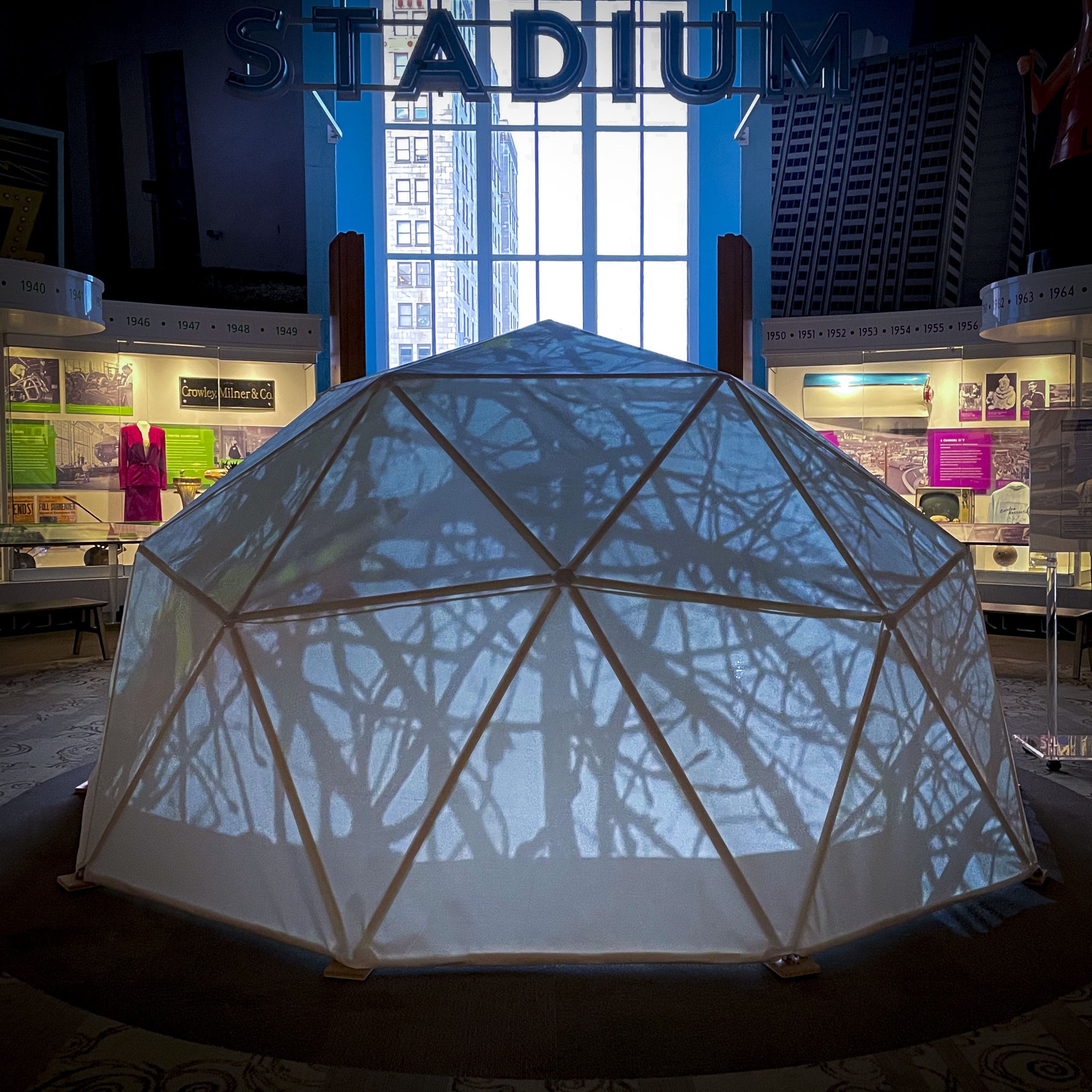 a fabricated dome shape inside of a stadium