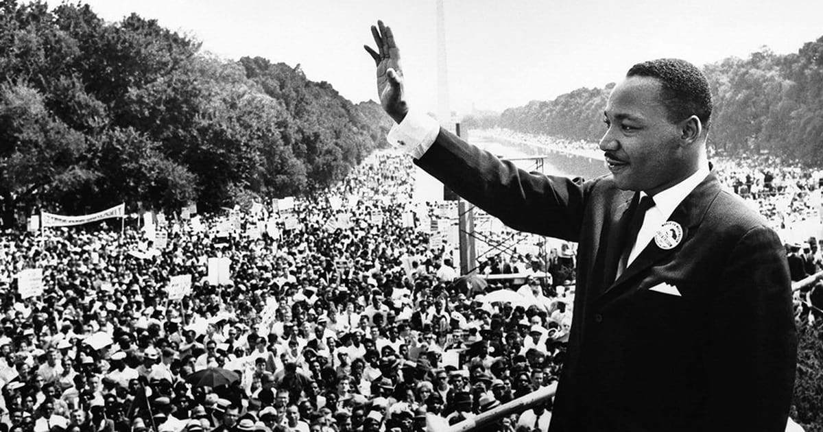 Dr. Martin Luther King Jr standing and giving his famous speech in Washington DC