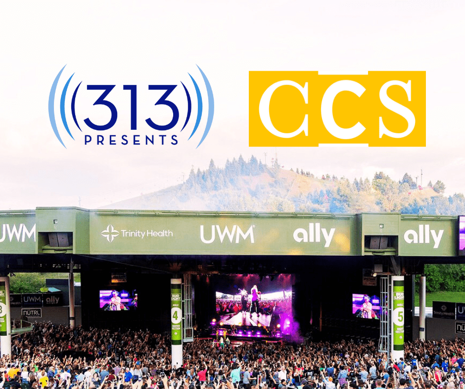 A photo of the crowd at Pine Knob Outdoor Venue with a "313 Presents" and CCS Logo