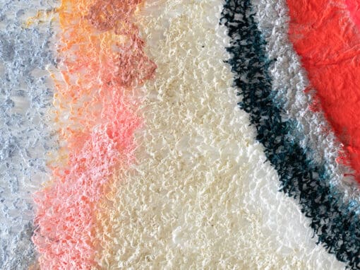 Work by Neha Vedpathak showing a fibers wall hanging in a red, blue pink, cream and black pattern