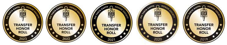 Five circular badges showing that CCS has received "Transfer Honor Roll" status from 2019-2023