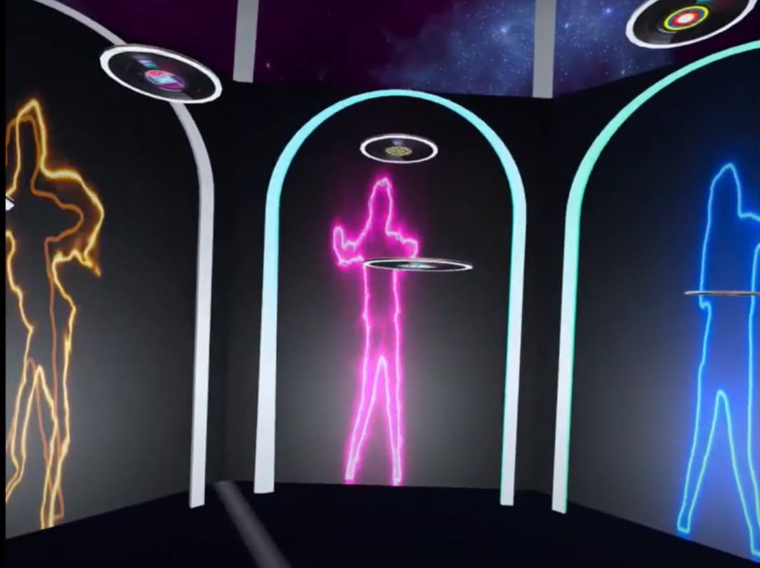 virtual reality game with records flying below a starry sky and outlines of people dancing in florescent colors