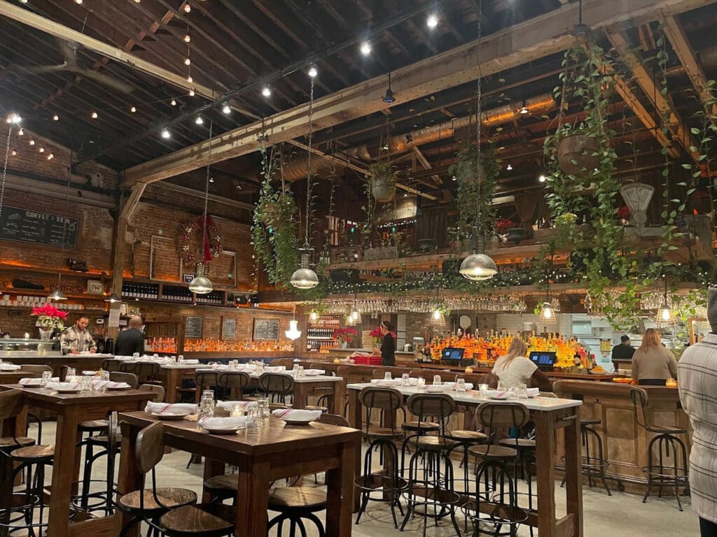 restaurant with vines hanging from ceiling and a full bar