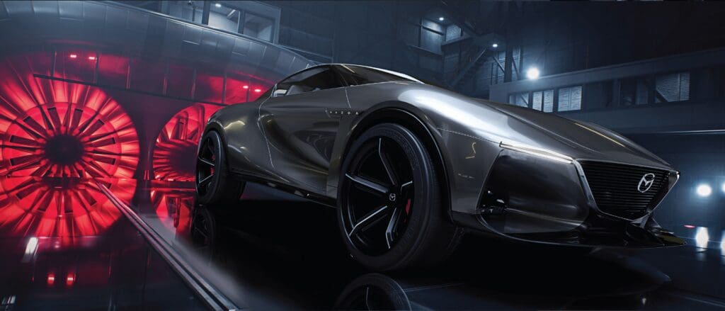 Sliver sportscar with red lighting behind