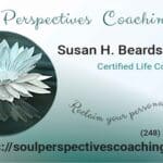 Business card of Susan Beardslee, Certified Life Coach. Black and teal text on a white to blue gradient background. To the left is a circular photo of a white water lily floating on water.