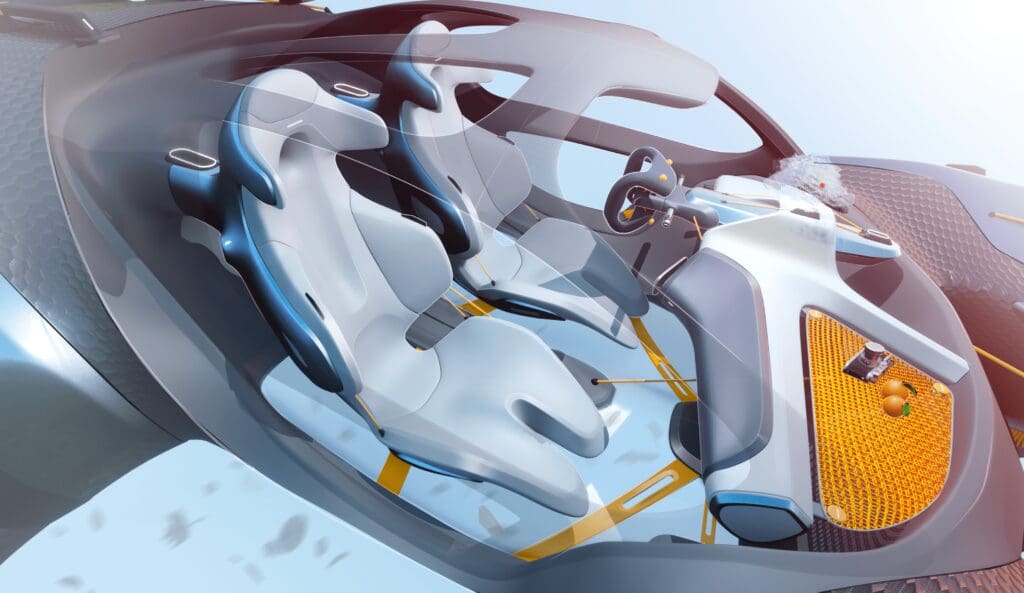 Interior of a concept vehicle with white seats and orange detailing