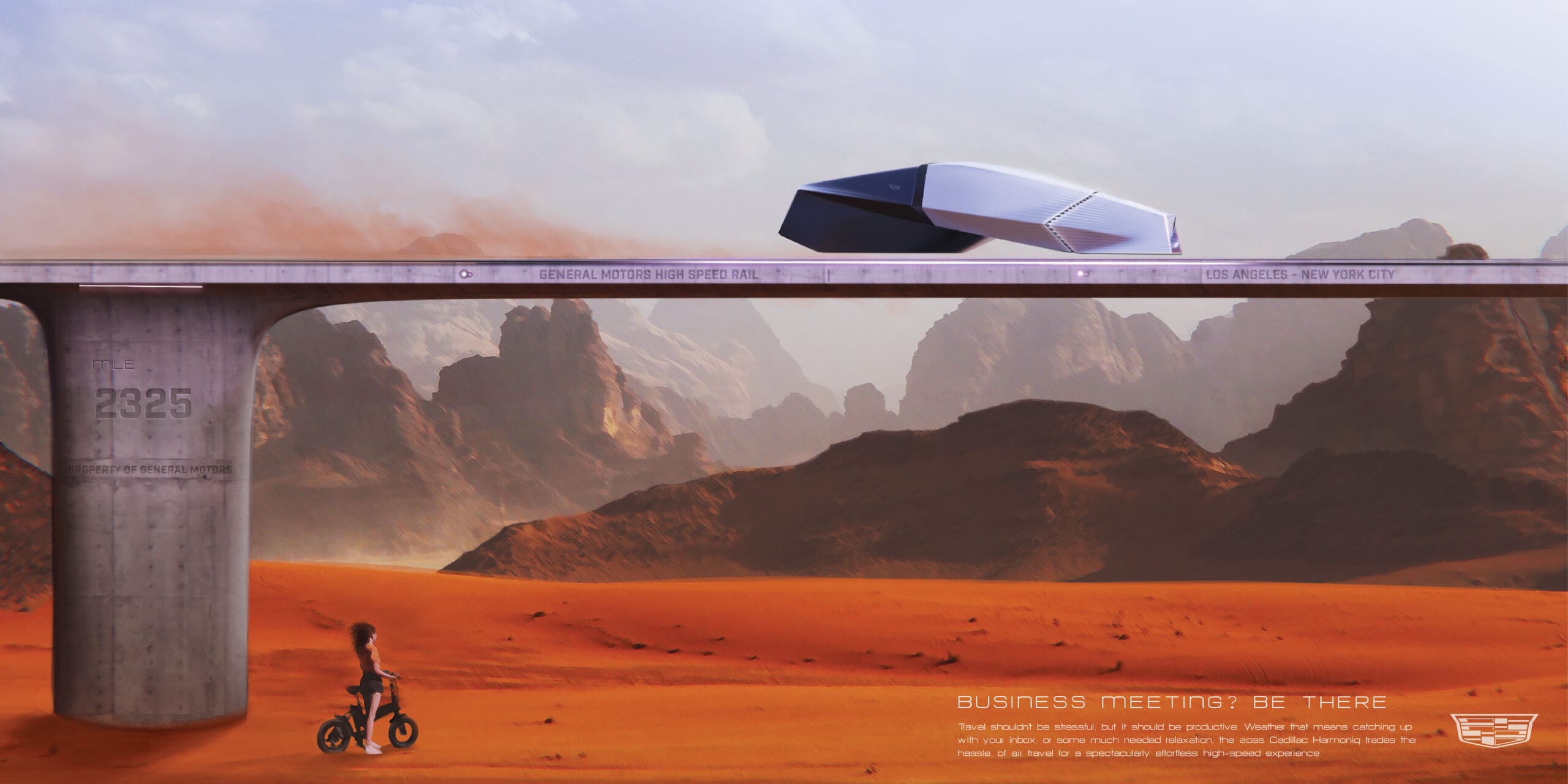 Concept art of a small silver vehicle on a track. Located in an orange desert landscape