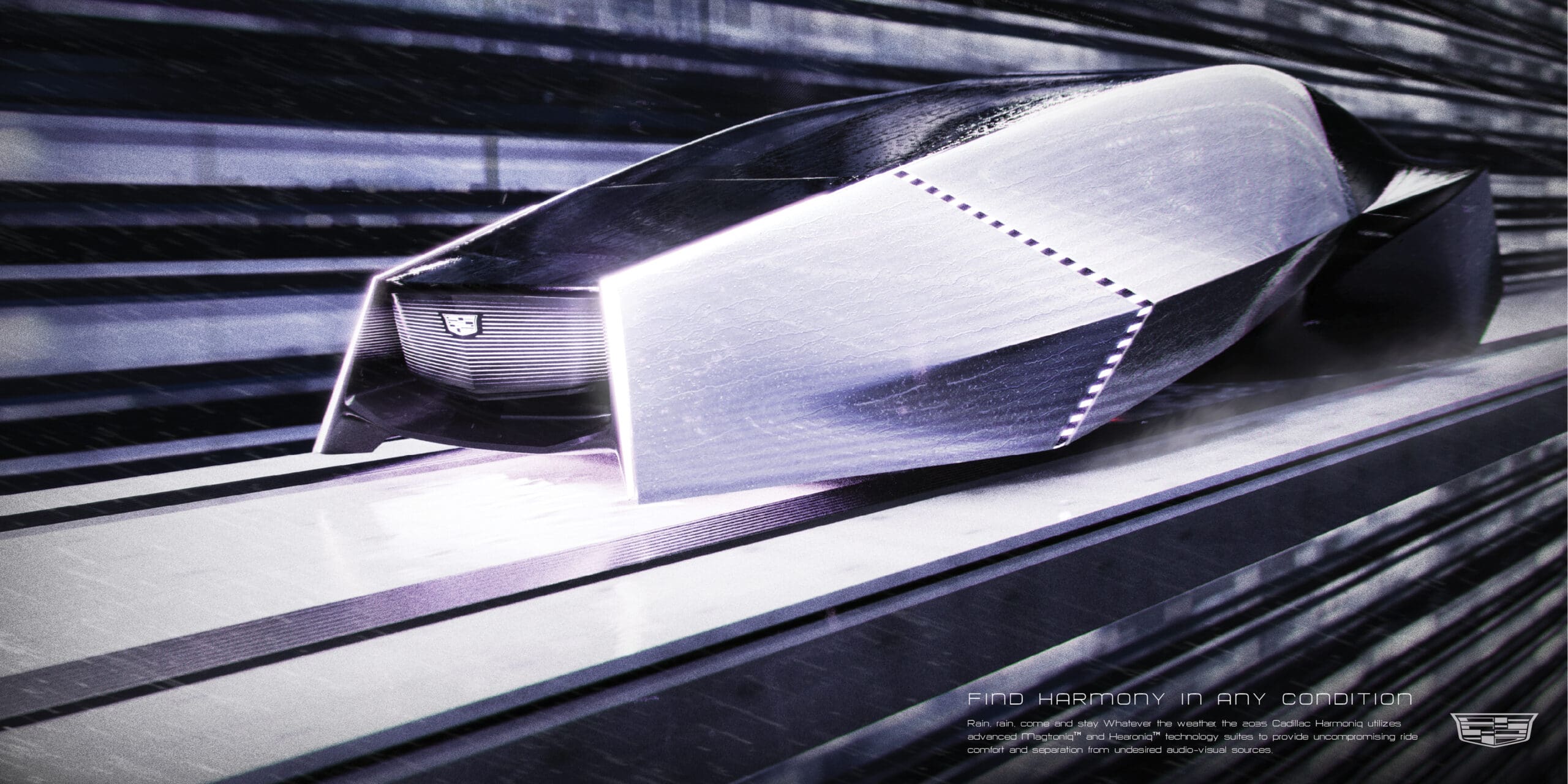 Concept art of a small silver vehicle on a track. side view