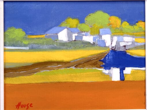 oil painting of a landscape of orange, yellow and blue and green showcasing white structures in a field near a river