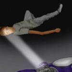 Illustration of a male laying on the ground looking into a beam of light directed at his face. The background is dark and nondescript.