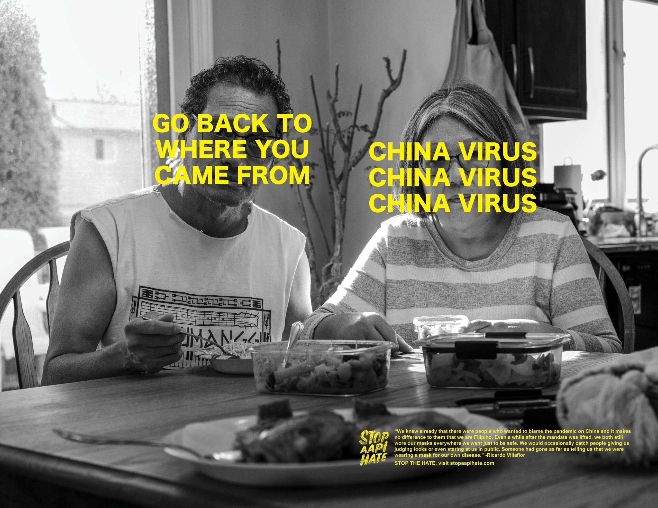 Black and white photo of an old couple. Yellow text over their faces reads "Go Back to where you came from" and "China Virus"