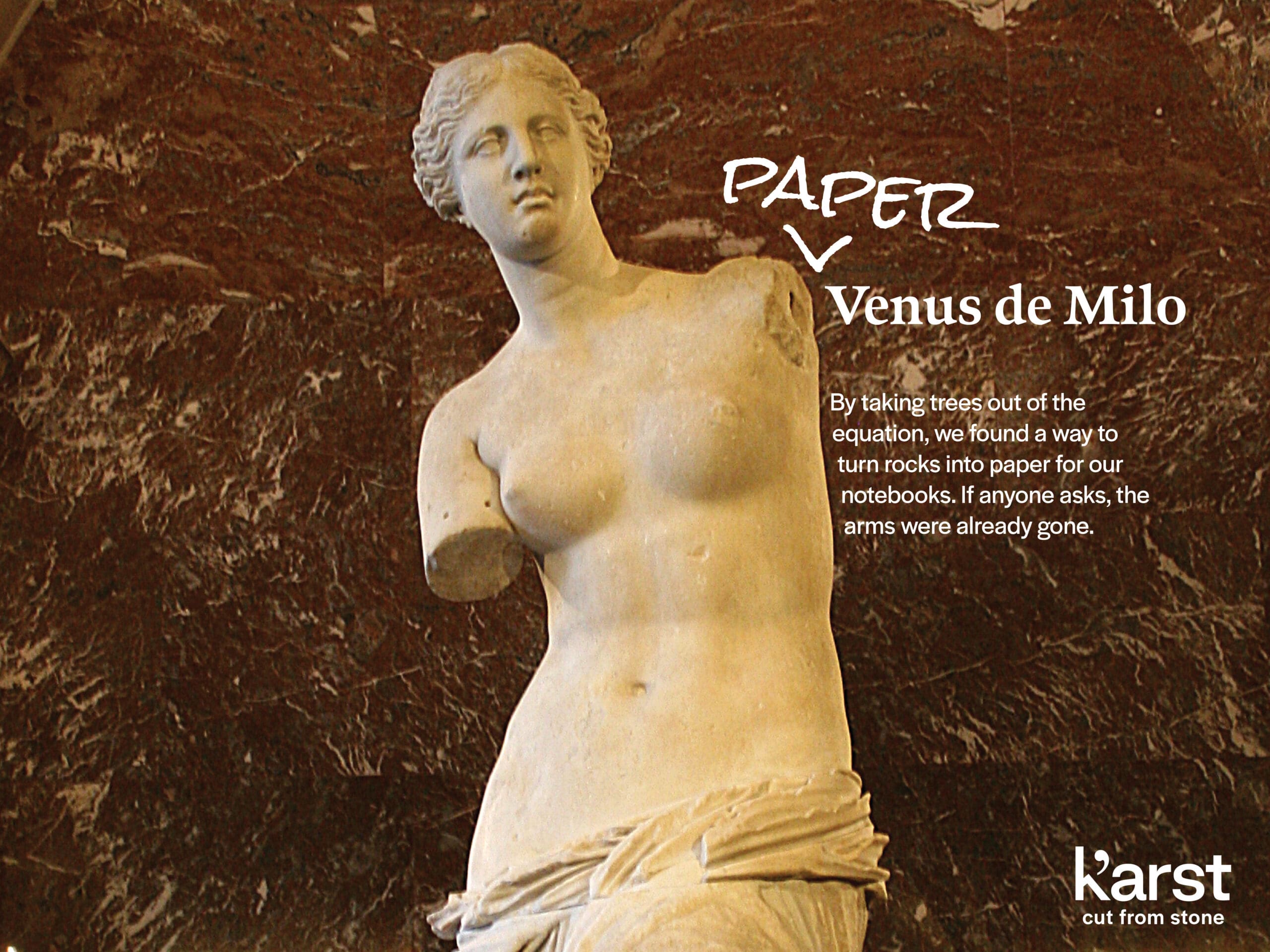 Photo of the Venus de Milo with white text that says "Paper Venus De Milo"