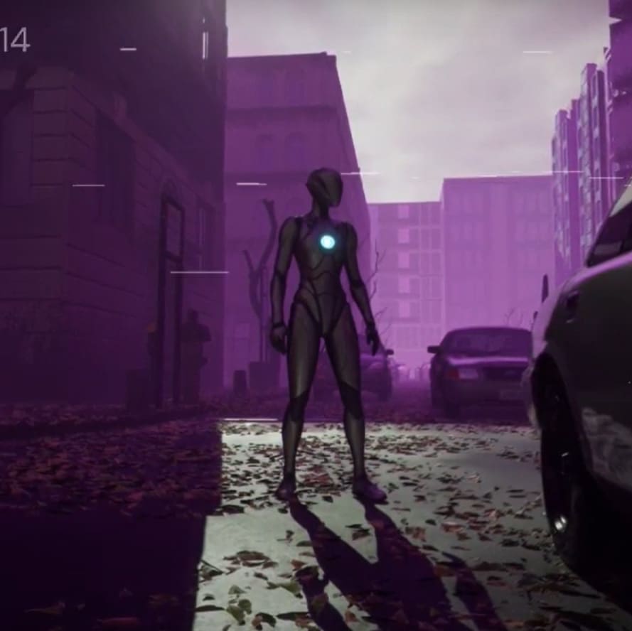 artwork for a video game that has a purple city skyline and a robot looking character next to a car