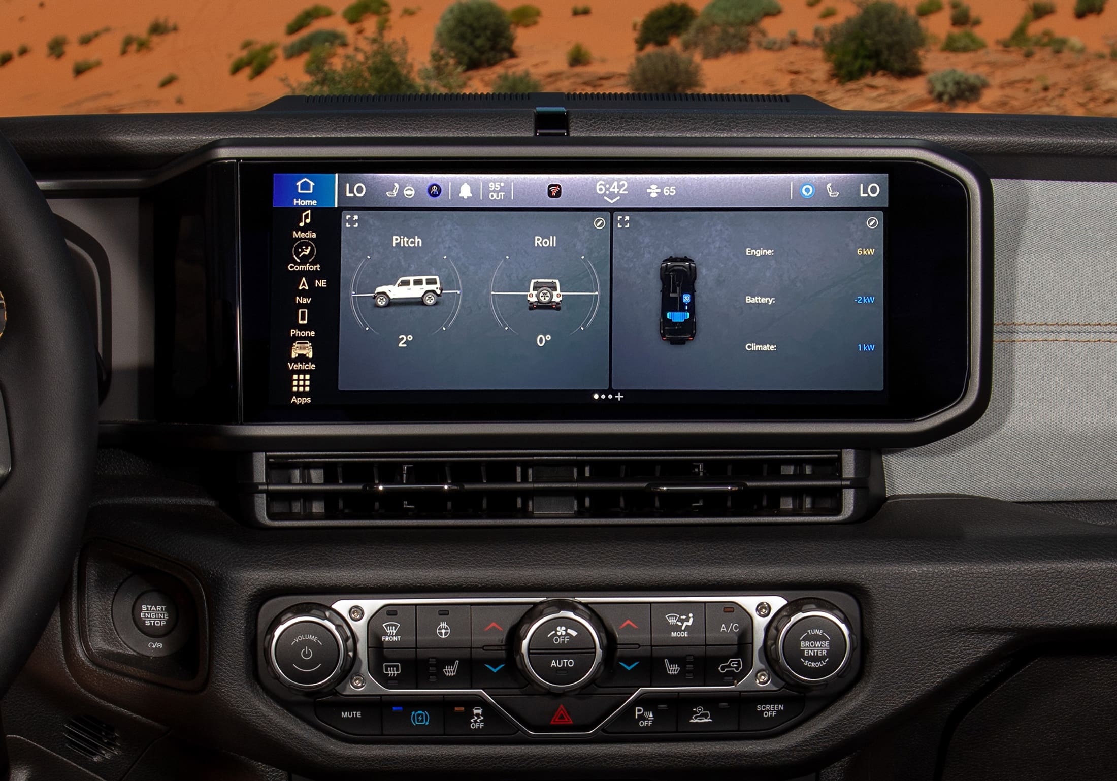 Photo of user interface screen in the front seat of a car. Screen displays aspects of the car