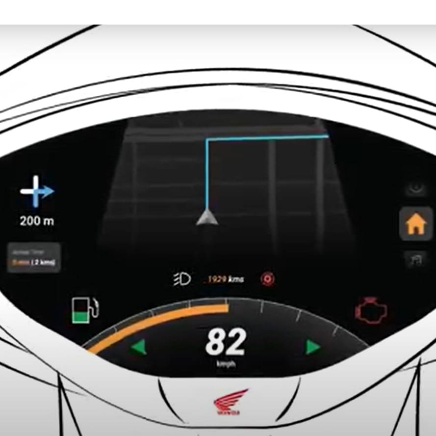 dashboard rendering on white with black speedometer at 82 mph