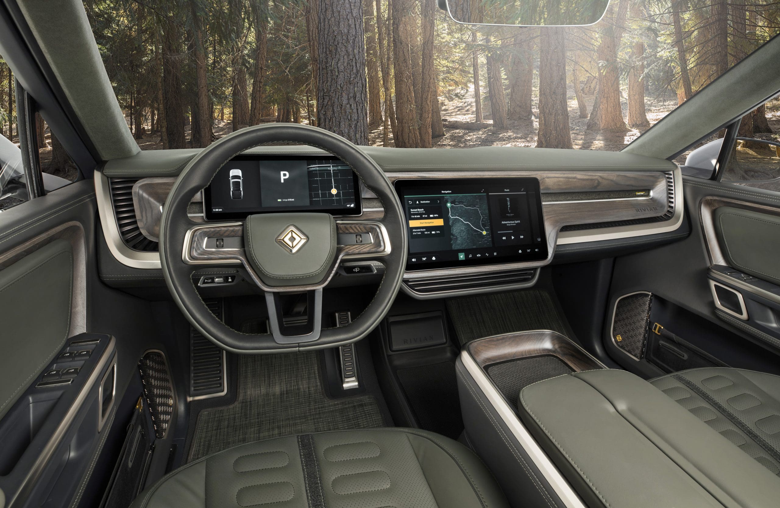 Photo of a grey leather car interior from the perspective of the driver