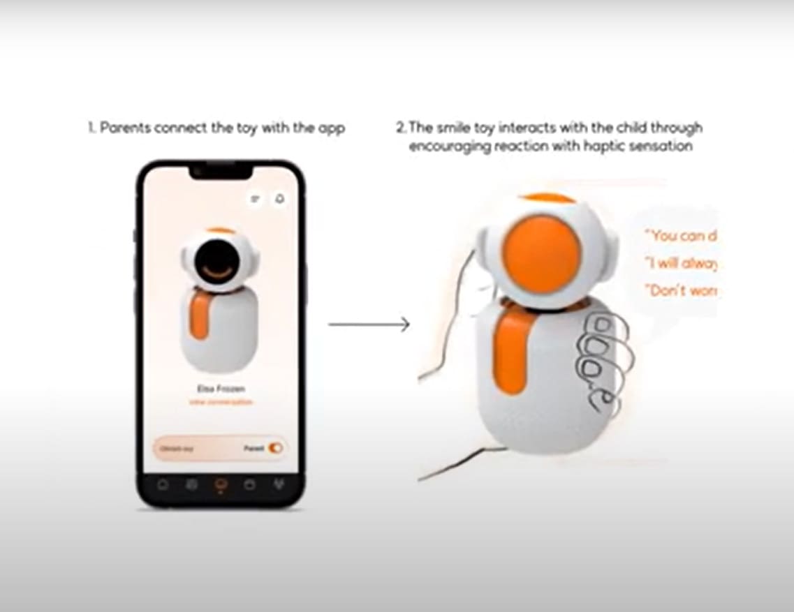 rendering of a phone next to an orange and white robot with an app that controls the robot
