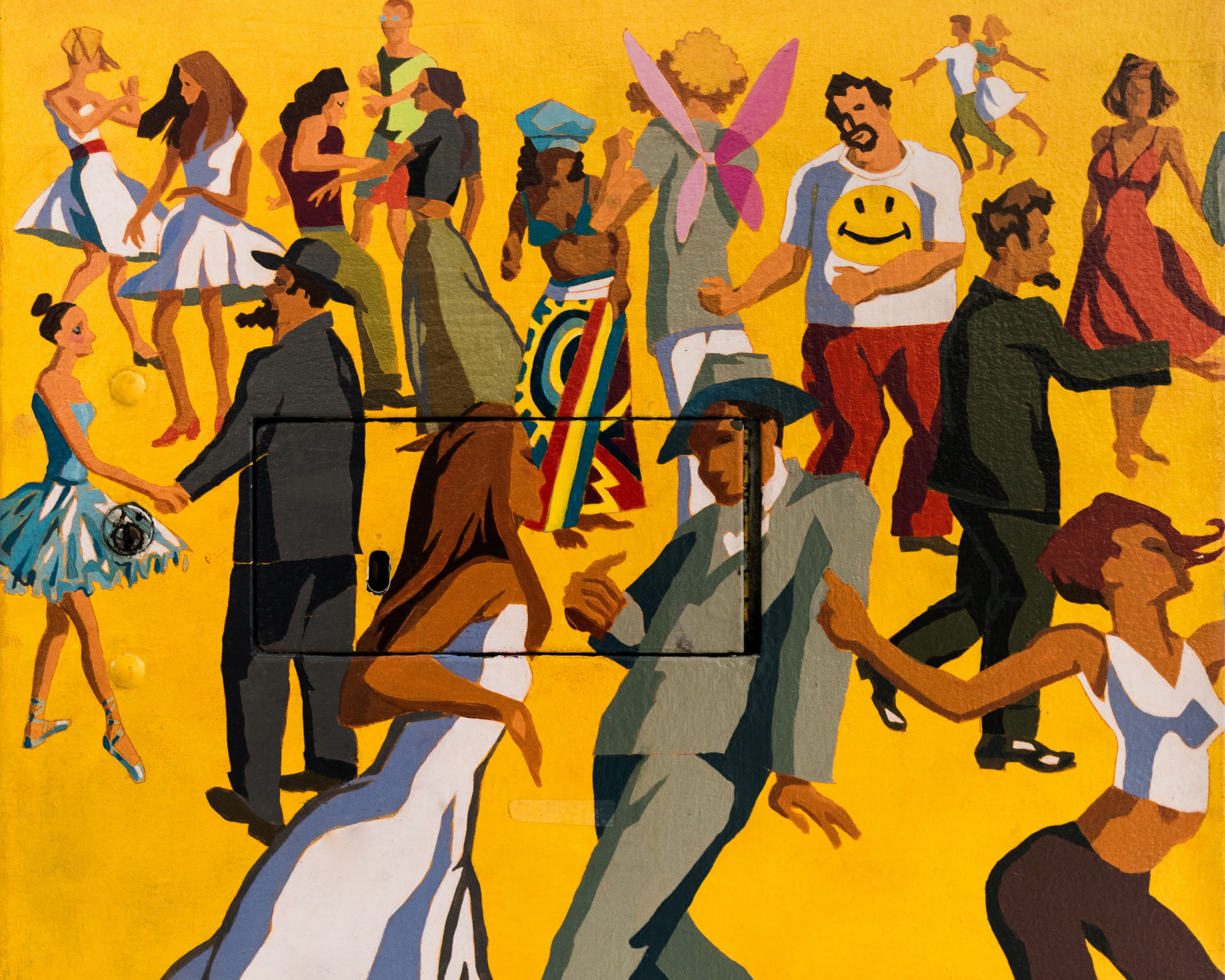 Illustration of many different people of many different backgrounds walking in multiple directions on a yellow background.