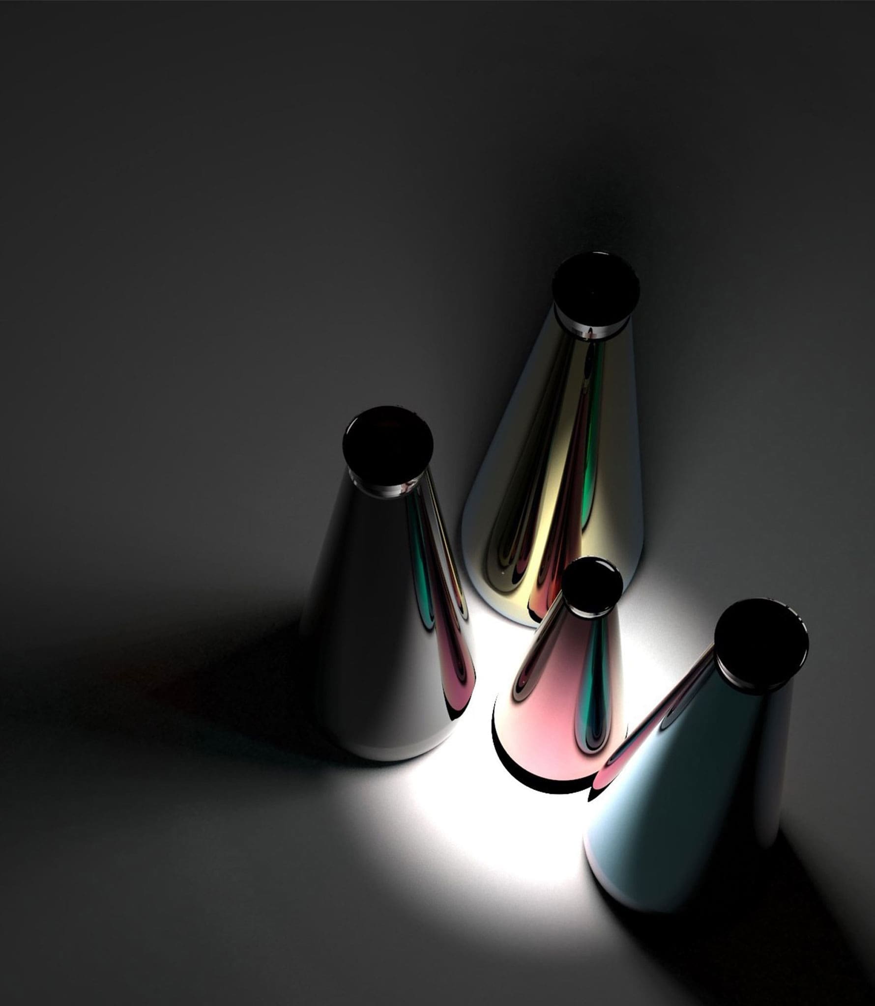 Backlit shot of a collection of metallic looking bottles
